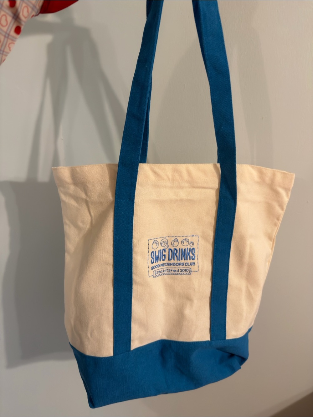 SWIG DRINKS Cream and Blue Canvas Tote Bag